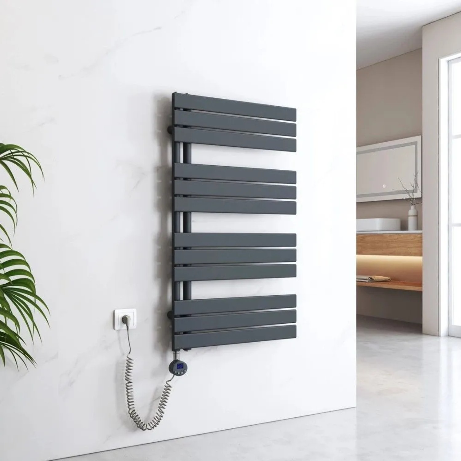 Moderner, anthrazitfarbener Emke Elektro-Badheizkörper mit Thermostat und Timer, wandmontiert. Ideal als Handtuchwärmer.