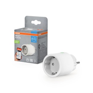 Osram Smart+ WiFi Steckdose mit Matter, weiße smarte Steckdose mit Verpackung.