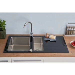 Respekta Glasspüle New York, 100x50 cm, Schwarz, mit zwei Becken und Abtropffläche.