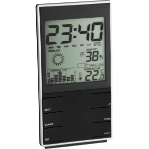 Schwarze TFA Elektronische Wetterstation mit Display für Temperatur, Luftfeuchtigkeit und Wettervorhersage.
