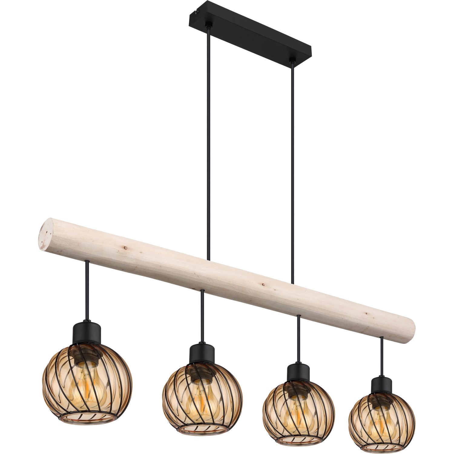 Globo Pendelleuchte Paulo, 4-flammig, schwarz matt mit Holz und amberfarbenen Glasschirmen.