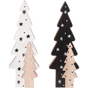 Deko-Weihnachtsbäume in Schwarz und Weiß aus Holz, 10x2x28 cm, für festliche Weihnachtsdekoration.