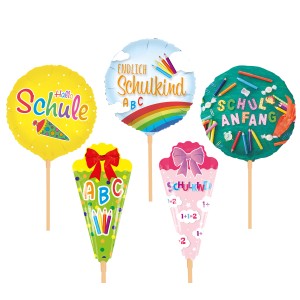 Mehrfarbige Happy People Mini Folienballons Einschulung, 5-fach sortiert, auf Stäben.