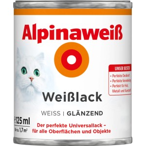 Dose Alpinaweiß Weißlack glänzend, 125ml, mit Katzenmotiv. Weißer Lack für Holz, Metall, Mauerwerk und mehr.