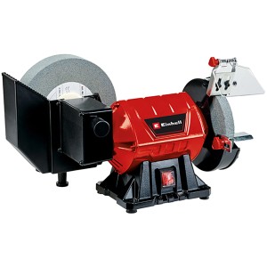 Einhell TC-WD 200/150 Nass-Trockenschleifer mit Schleifscheiben und rotem Gehäuse.