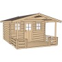 Unbehandeltes Weka Holz-Gartenhaus mit Satteldach und kleinem Anbau. Naturholzoptik.