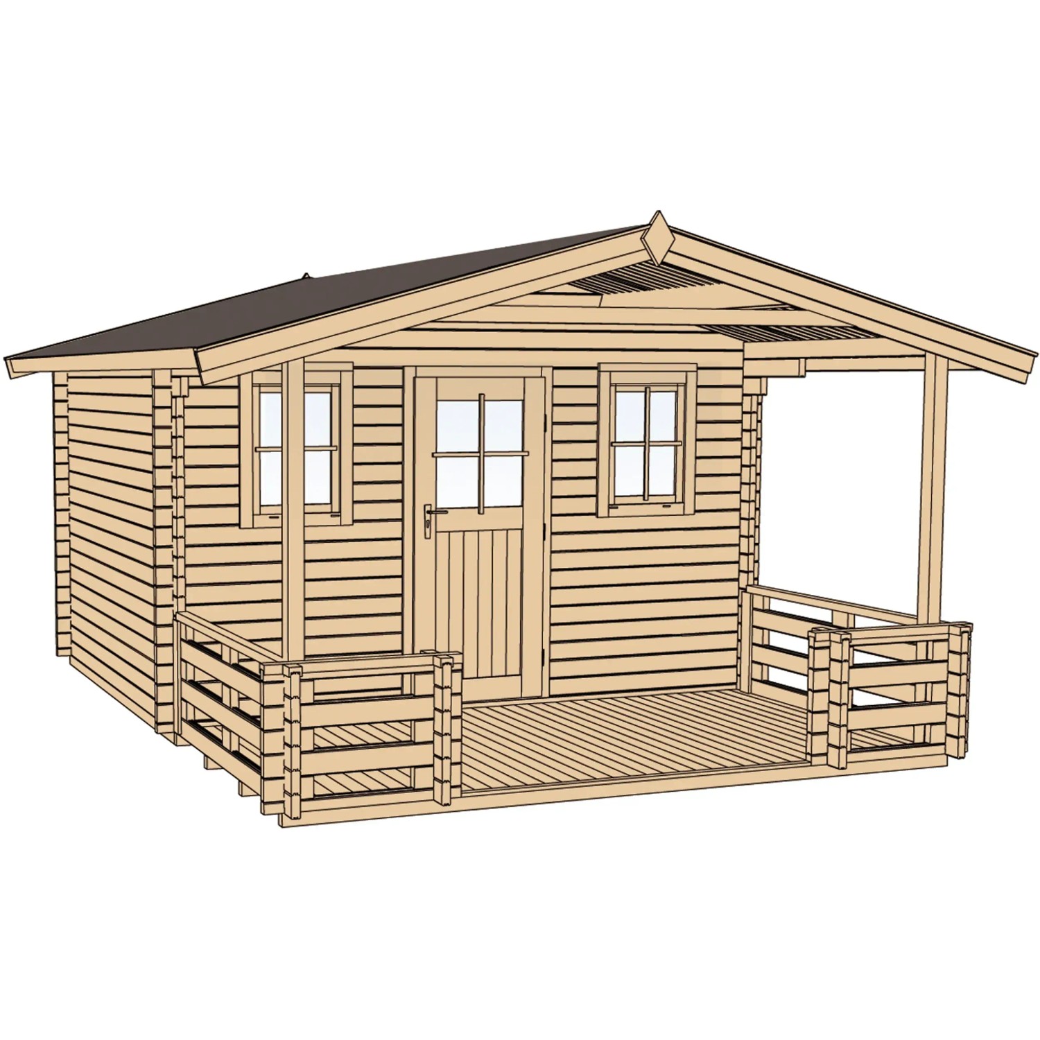 Unbehandeltes Weka Holz-Gartenhaus mit Satteldach und kleinem Anbau. Naturholzoptik.