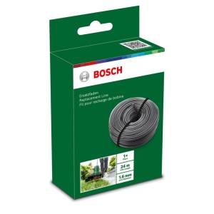 Bosch Ersatzfaden 24m/1,6mm für Rasentrimmer. Grauer Trimmerfaden in grüner Bosch-Verpackung.