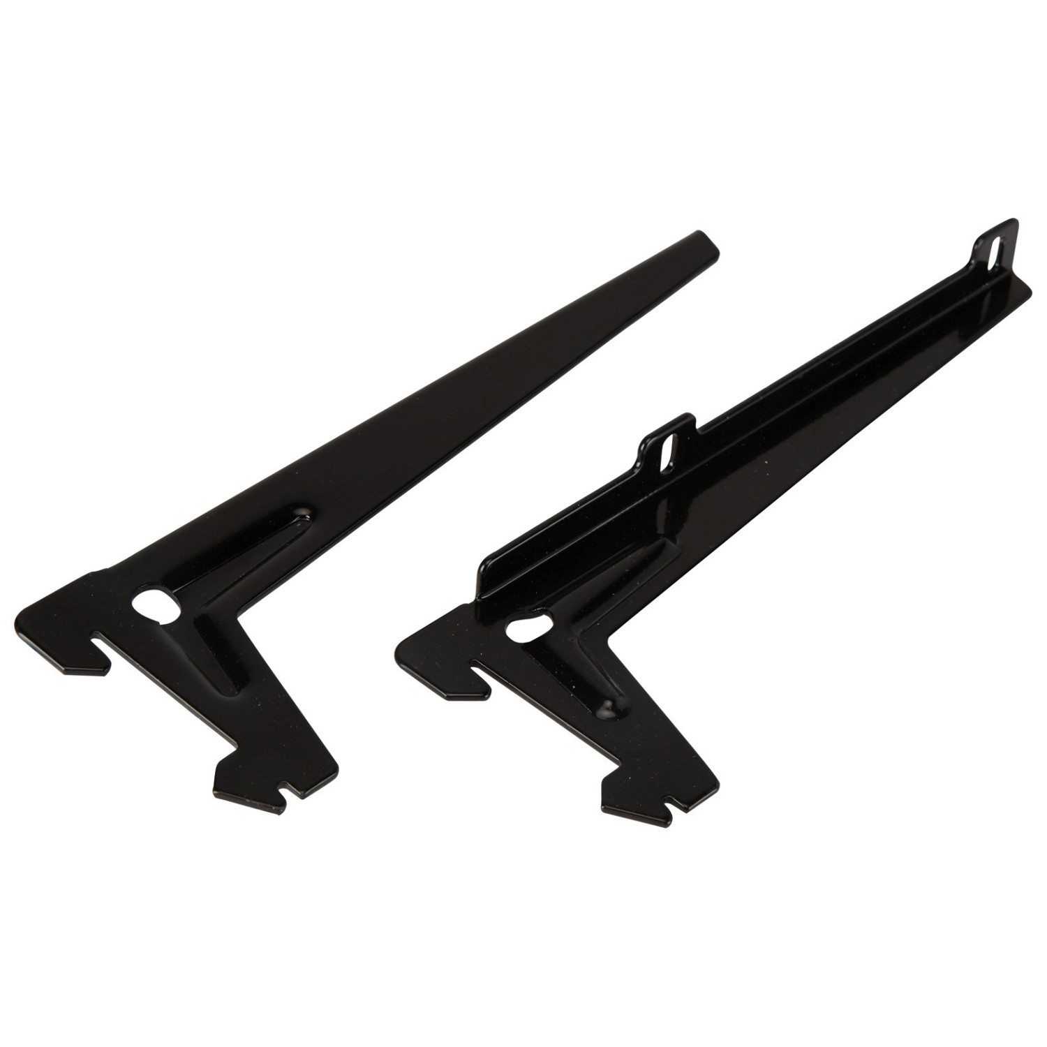 Zwei schwarze Einloch-Winkelträger, 18 cm, für Regalböden und Möbelbau.