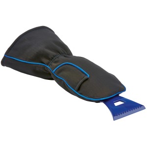 OBI Eiskratzer mit Stulpenhandschuh, blauem Kratzer und schwarzem Handschuh.