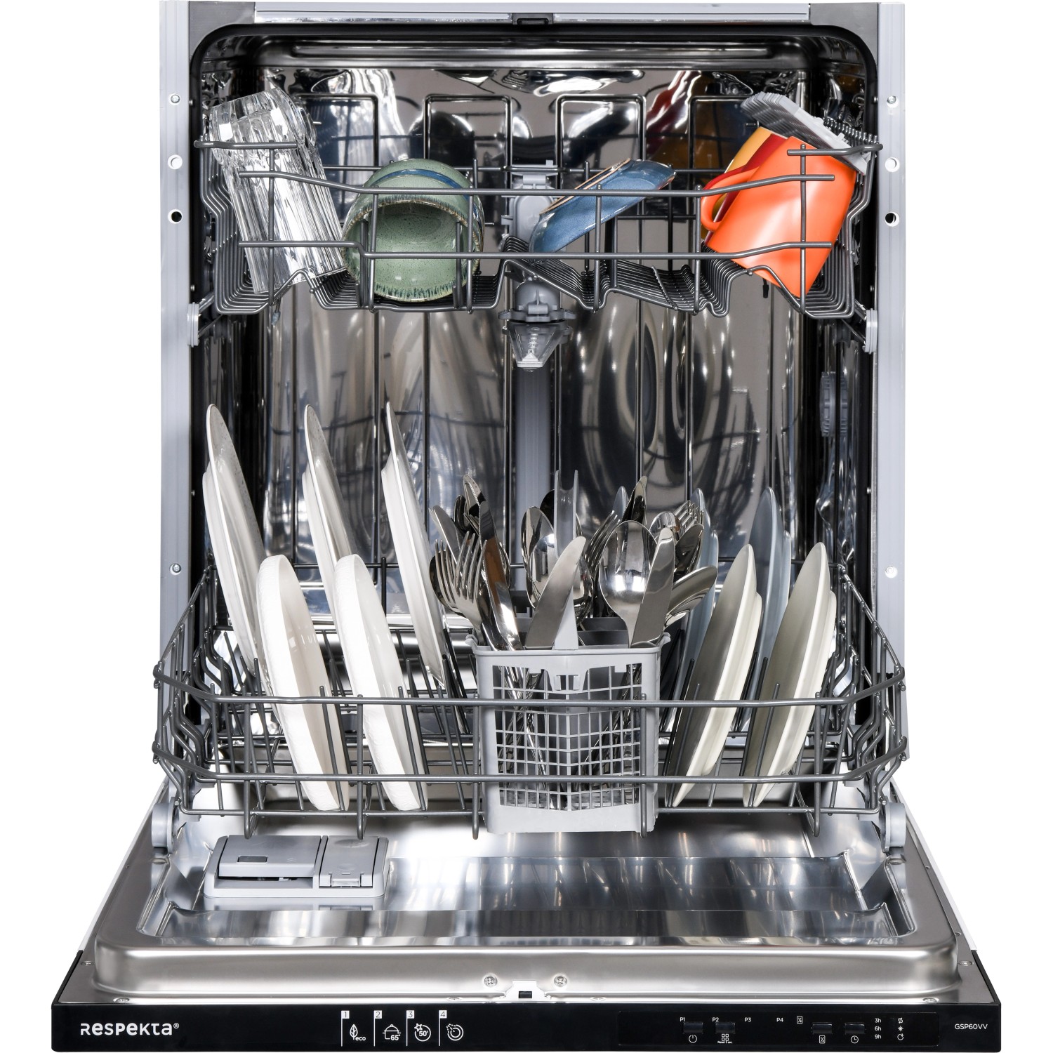 Respekta Geschirrspüler vollintegriert, beladen mit Geschirr und Besteck.