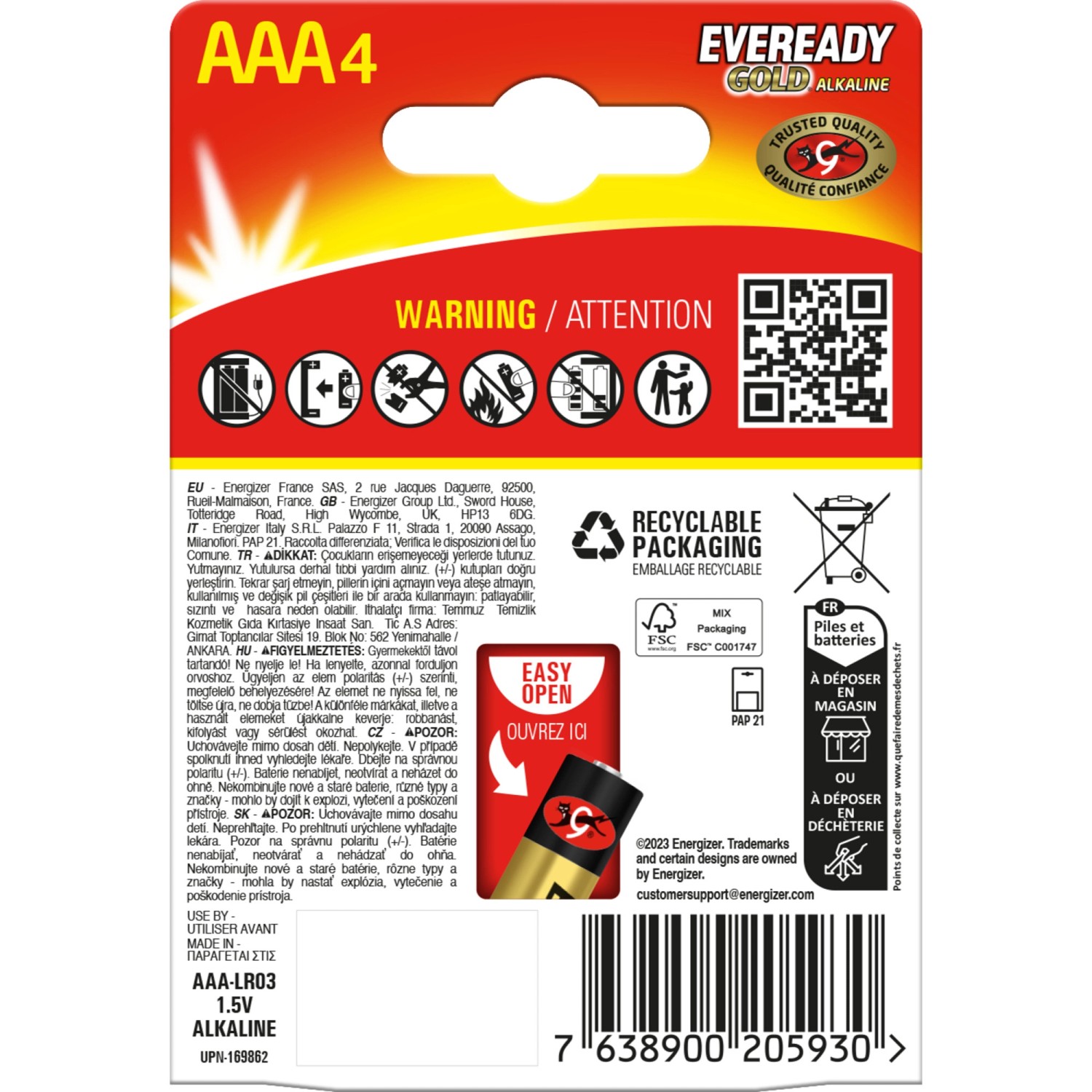 Energizer Eveready Gold AAA Batterien, 4er-Packung. Alkaline Micro Batterien für Geräte.