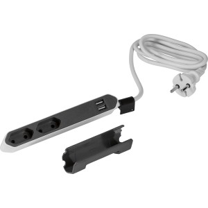 Euro Steckdosenleiste Power Bar mit 2 Steckdosen und USB-Ports, inklusive Halterung.