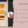 Detailansicht der Saunahaus-Tür mit Fenster und Alu-Türschwelle des Karibu Saunahaus Espen.