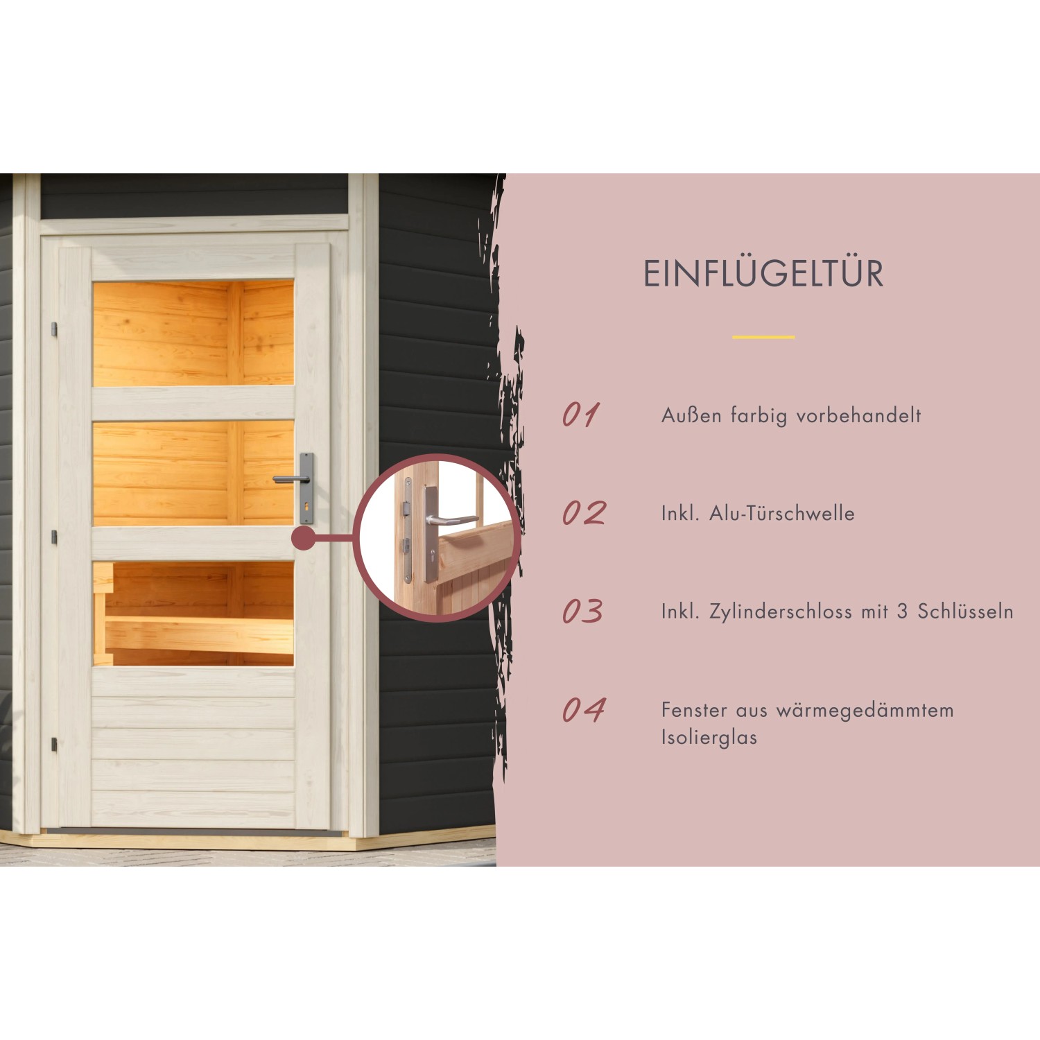 Detailansicht der Saunahaus-Tür mit Fenster und Alu-Türschwelle des Karibu Saunahaus Espen.