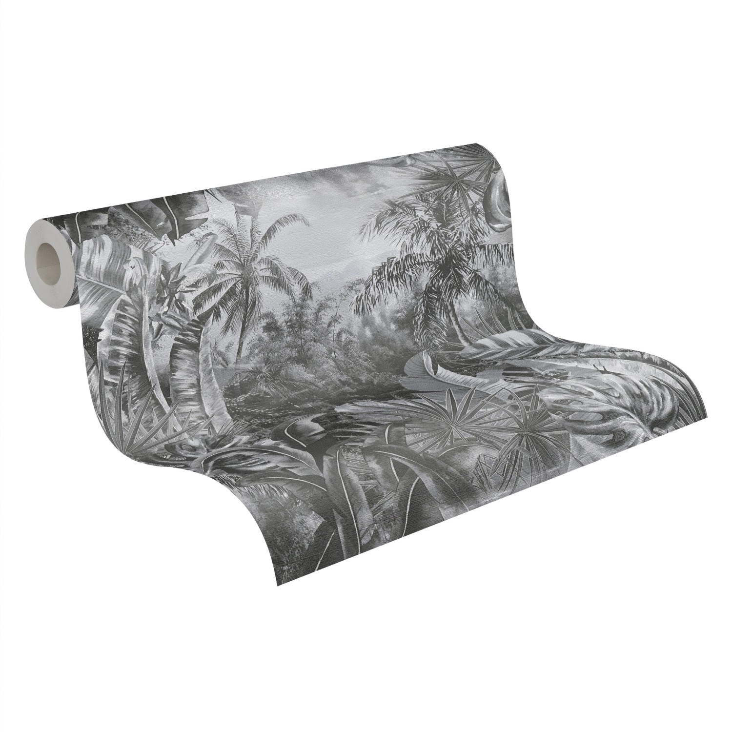 Vliestapete Dschungel in Grau- und Dunkelgrau mit leichter Struktur und matter Oberfläche.