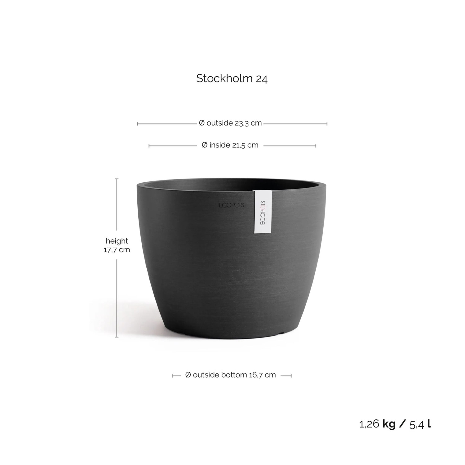 Ecopots Pflanztopf Stockholm, dunkelgrau, 23,2x17,6cm. Ideal für Innen- & Außenbereich.
