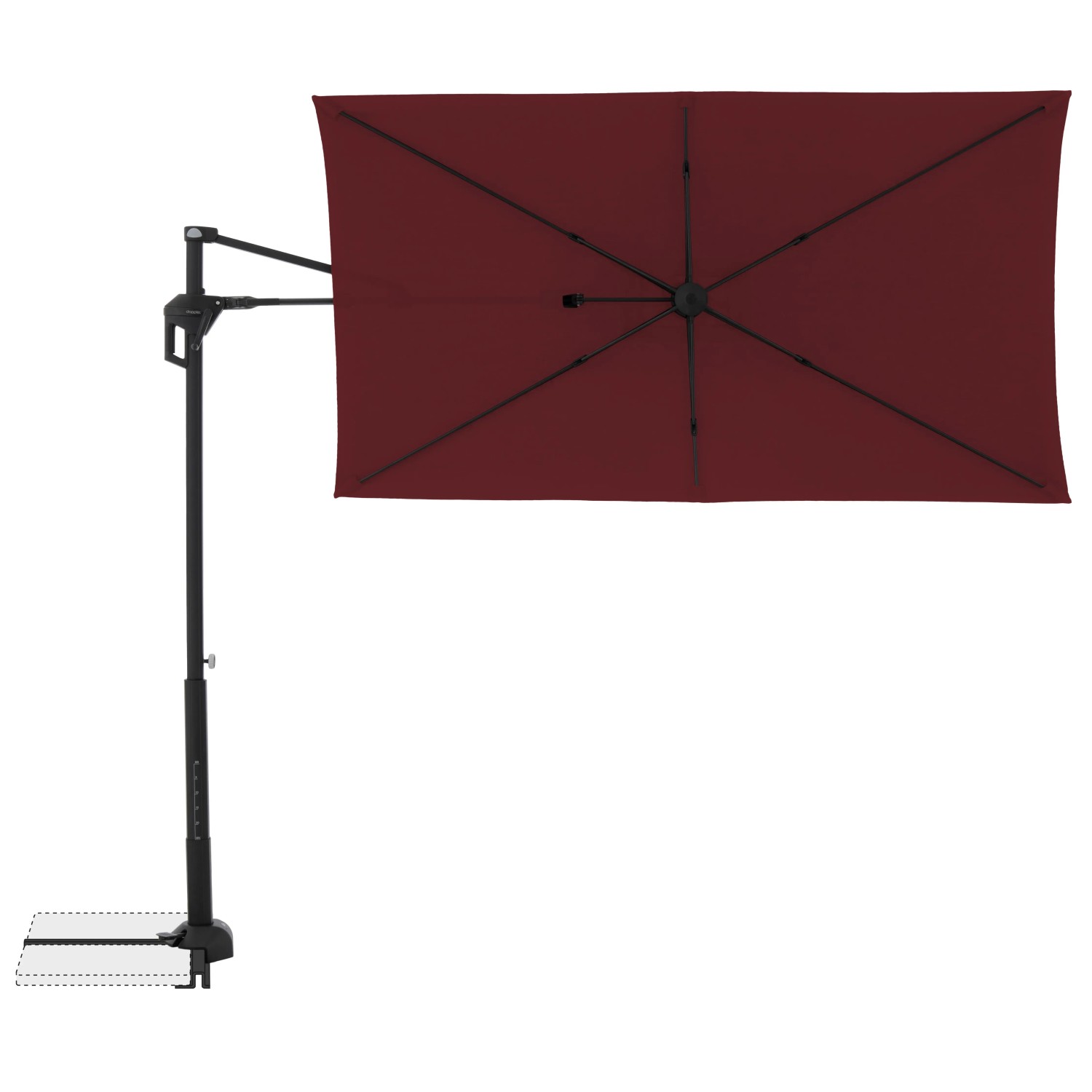 Rechteckiger, bordeauxroter Doppler Balkonschirm Active Green Edition, 240x135 cm, mit schwarzem Gestell.
