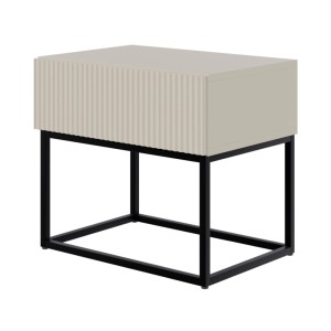 Selsey Veldio Nachttisch 50 cm mit greiger Rillenfront und schwarzem Metallgestell. Modernes Schlafzimmermöbel.