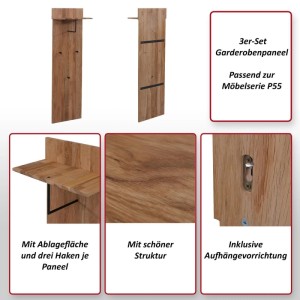 MCA 3er-Set Garderobenpaneel P55 aus Eiche mit Ablage und Haken.