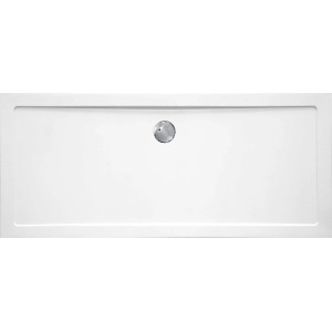 Rechteckige, extraflache Sanotechnik Duschwanne, 160x90 cm, Weiß mit Chromablauf.
