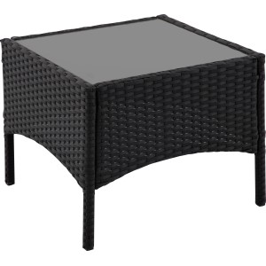Schwarzer Gartentisch aus Wicker mit Glasplatte, Teil des 3-teiligen Balkonsets Taracoa.