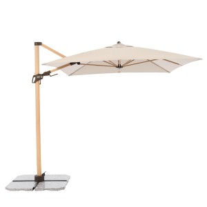 Doppler Ampelschirm Alu Wood, 300x220 cm, Natur, mit Kurbel. Sonnenschirm mit Holzoptik und beigem Schirm.