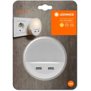 Ledvance LED-Nachtlicht Lunetta mit USB-Anschluss und Handyablage, warmweiß.