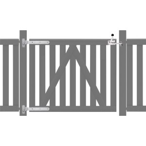 Beschlagsatz für Gartenzaun Raja WPC Einzeltor, bestehend aus Langbändern, Kloben und Falle.