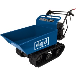 Scheppach Dumper DP450: Blaue Transportmulde mit Kettenantrieb für bis zu 400 kg Last.