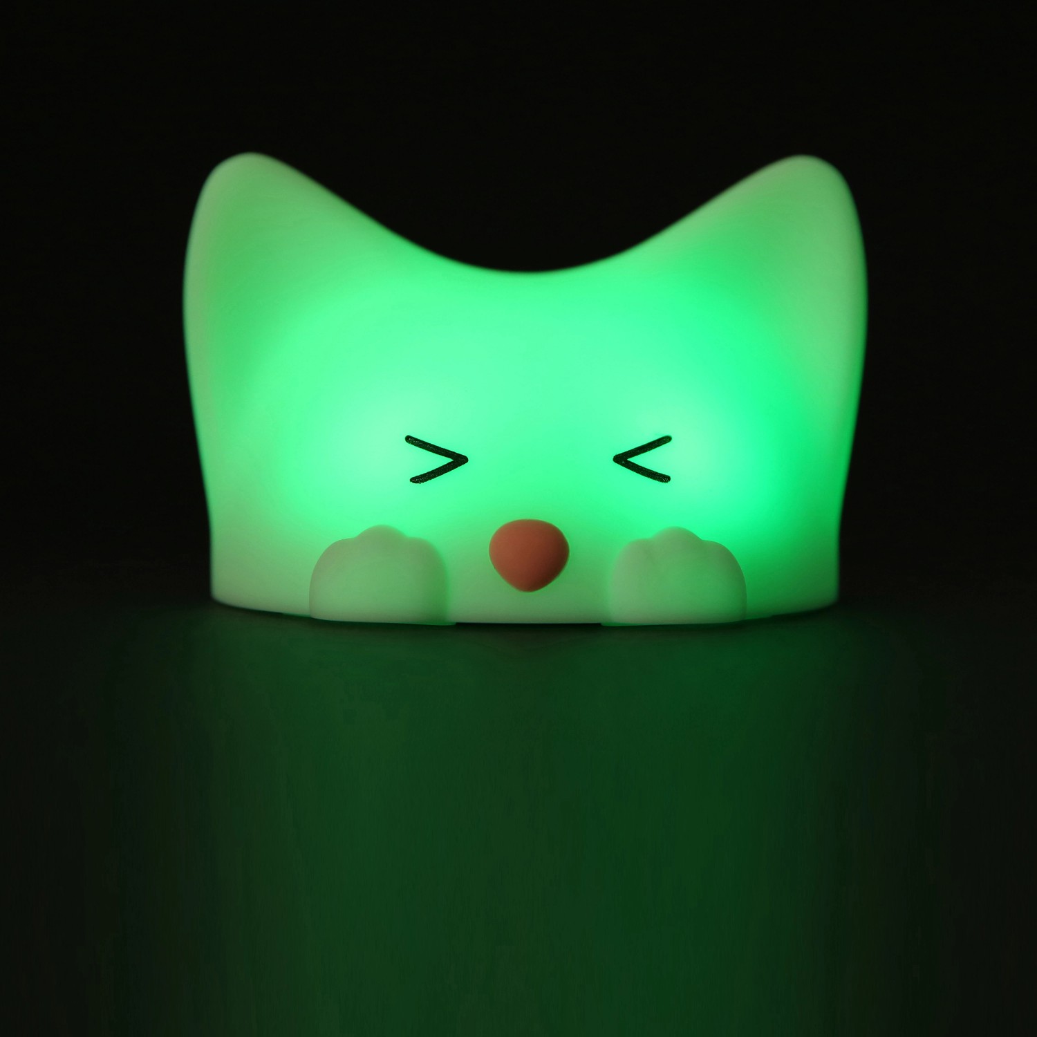 Dimmbares LED Kinder-Nachtlicht Catty Cat mit Soundeffekt, leuchtend grün.