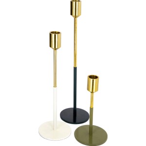 Kerzenhalter Saga 3er Set: Goldene Halter mit weißem, grünem und grauem Fuß.