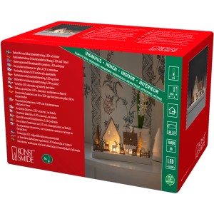 Verpackung der Konstsmide LED Holzsilhouette Waldhäuser mit Rentieren, eine weihnachtliche Fensterdeko.