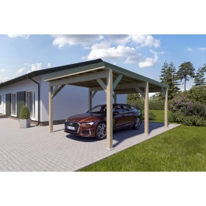 Holzbrüder Einzelcarport Ralf, naturbelassen mit dornengrünem Blechdach und Auto.