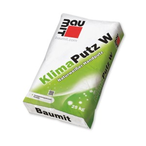 Weißer 25 kg Sack Baumit KlimaPutz W Leichtputzmörtel. Innenputz für feuchtigkeitsregulierendes Raumklima.