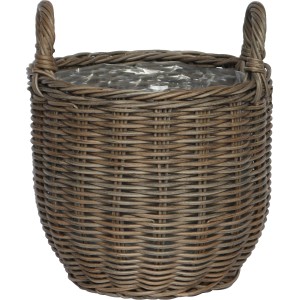 Grauer Polyrattan Korb mit Griffen, 27,5x27,5x31,5 cm, ideal als Übertopf für Innen- und Außenbereich.