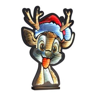 Leuchtendes Reh mit Infinity-Effekt, roter Weihnachtsmütze und Standfuß als Weihnachtsfigur.