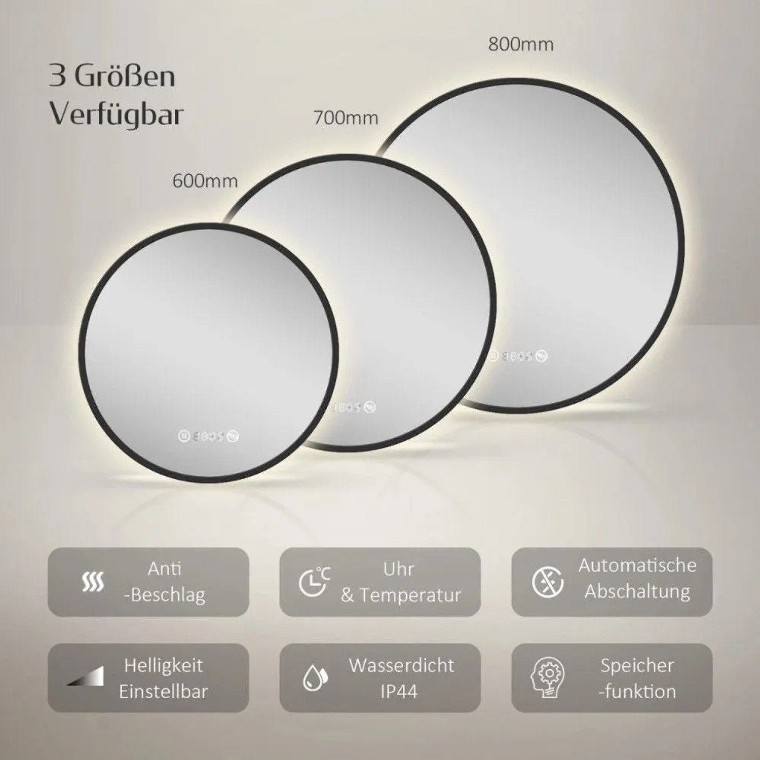Emke Rund LED Badspiegel 80 cm Spiegel mit Beleuchtung Schwarzer Antibeschlage Uhr Temperatur Dimmbar Neutrales Licht_2