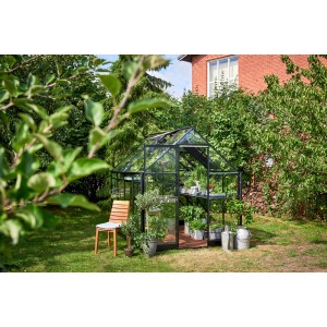 Schwarzes Halls Gewächshaus Qube 68 (5 m²) im Garten mit Pflanzen und Stuhl.