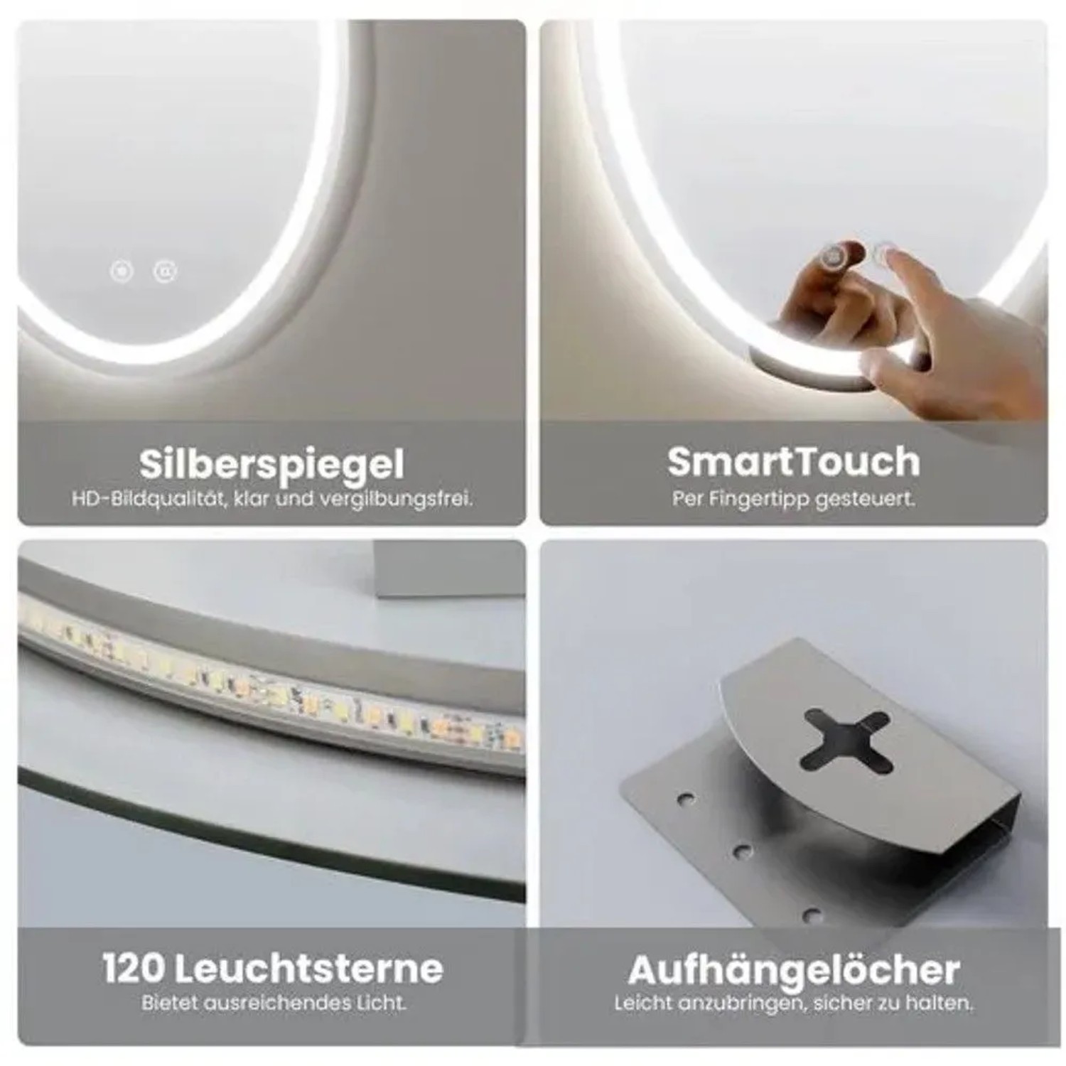 Emke LED Badspiegel 60x80 cm: Touch-Steuerung, helle Beleuchtung, Antibeschlag-Funktion und Montagehalterung.