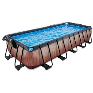 Rechteckiger EXIT Wood Pool 540x250x100cm mit Holzoptik, Sandfilterpumpe und Abdeckung.