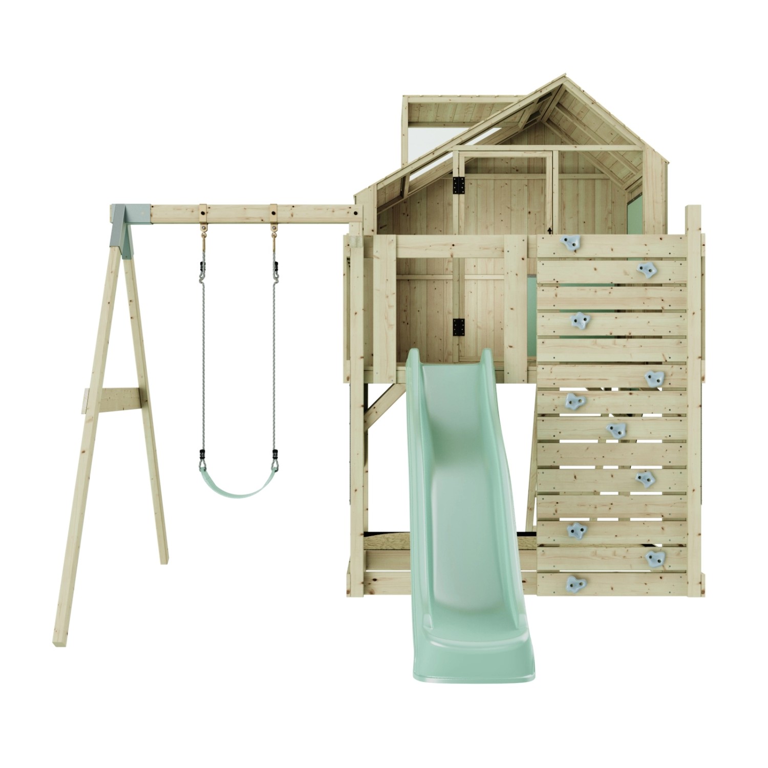 Kinderspielturm mit mintgrüner Schaukel, Rutsche und Kletterwand aus Holz.
