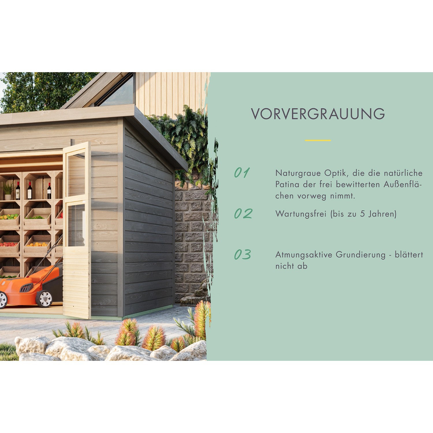 Karibu Gartenhaus Vellinge mit Anbaudach, vorvergraut, mit offenstehender Tür und Rasenmäher davor.