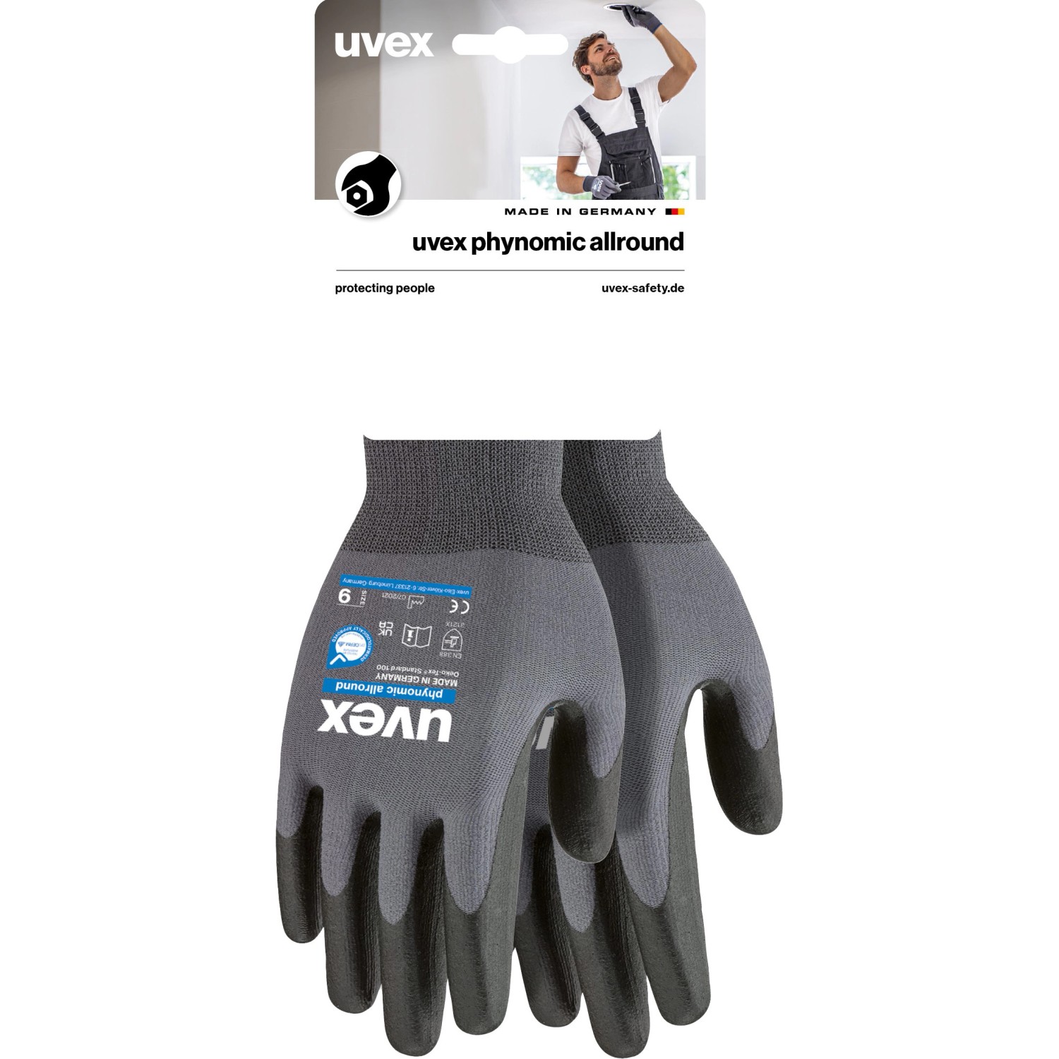 Uvex Phynomic Allround Arbeitshandschuhe Gr. 08, grau/schwarz, für Montage und Garten.