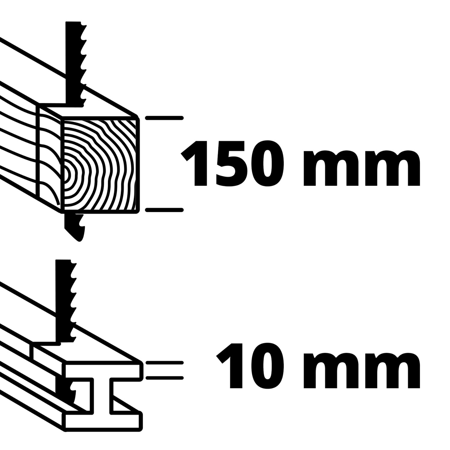 Schnitttiefe der Einhell TE-AP 750 E Universalsäge: Holz 150 mm, Stahl 10 mm.