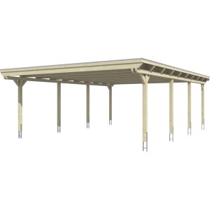 Skan Holz Doppelcarport Emsland mit Aluminium Dachplatten in Nussbaum, Ansicht von vorn.
