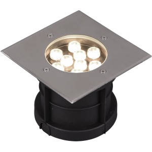 Quadratischer Trio LED-Bodeneinbaustrahler Belaja in Nickel matt für den Außenbereich.