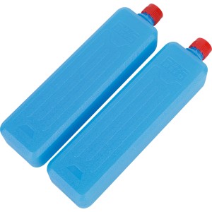 Zwei blaue Kühlakkus mit rotem Verschluss für Ventilatoren und Kühlboxen.