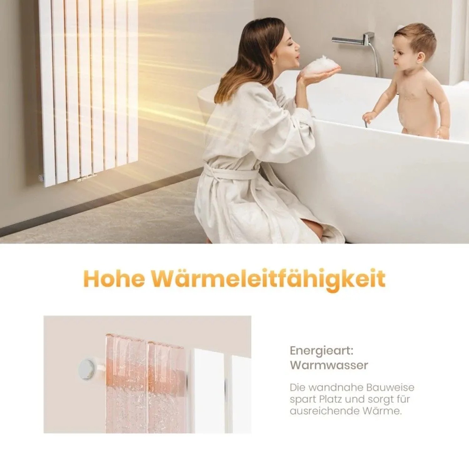 Weißer Emke Vertikalheizkörper im Bad, strahlt Wärme aus. Hohe Wärmeleitfähigkeit für effizientes Heizen. Modernes Design.