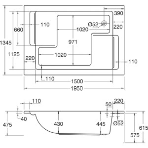 Technische Zeichnung Ottofond Whirlpool Maharaja Komfort, 195x135 cm, weiße Acrylwanne mit Maßangaben.